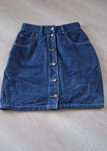 Düğmeli Mavi Denim Midi Etek