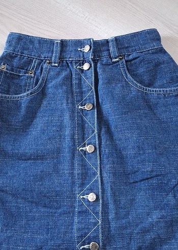 Diğer Düğmeli Mavi Denim Midi Etek