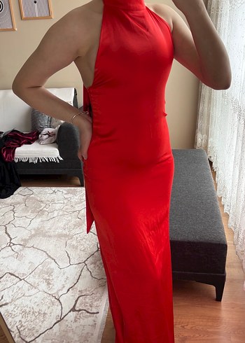 Parlak Kırmızı V Yaka Uzun Elbise - Görsel 4