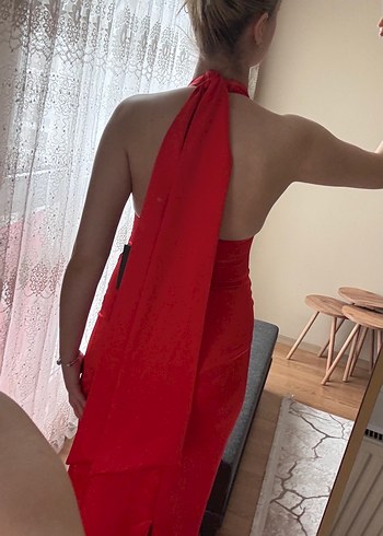 Parlak Kırmızı V Yaka Uzun Elbise - Görsel 5