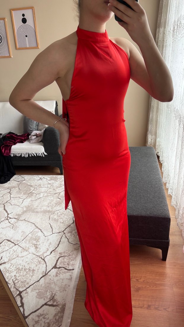 Parlak Kırmızı V Yaka Uzun Elbise - Görsel 4