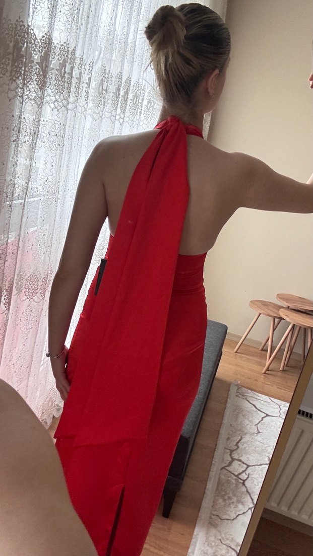 Parlak Kırmızı V Yaka Uzun Elbise - Görsel 5