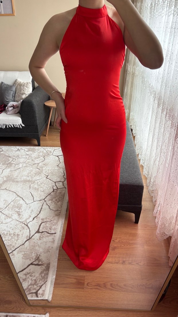 Parlak Kırmızı V Yaka Uzun Elbise - Görsel 2