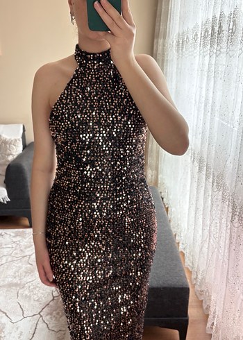 Kahverengi Pul Detaylı Yılan Desenli Elbise - Görsel 2