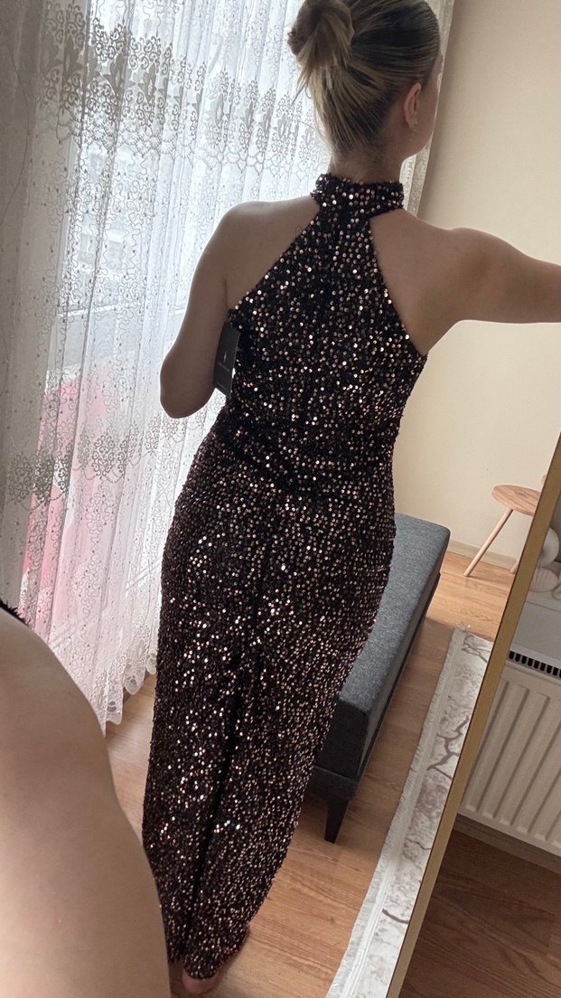 Kahverengi Pul Detaylı Yılan Desenli Elbise - Görsel 3