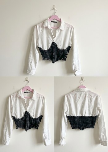 Trendyol & Milla Siyah Dantel Detayli Beyaz Crop Gomlek