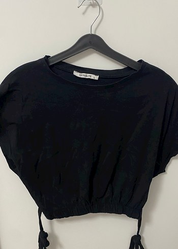 Siyah Keten Crop Top, Kısa Kollu, Salaş