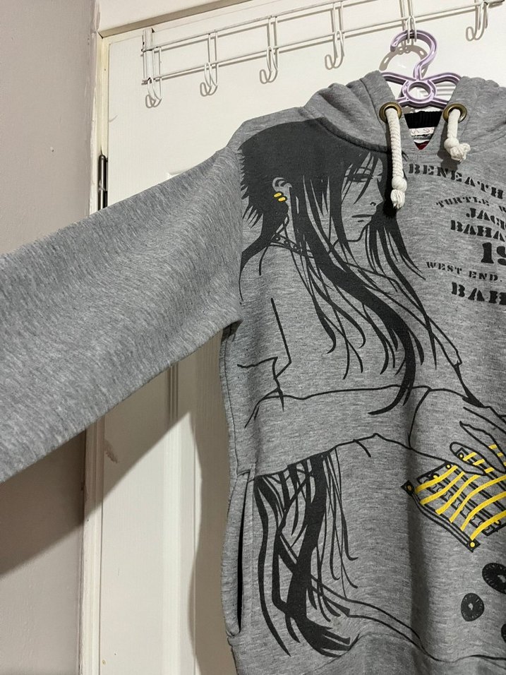 Gri Kapüşonlu Baskılı Kadın Sweatshirt - Görsel 2