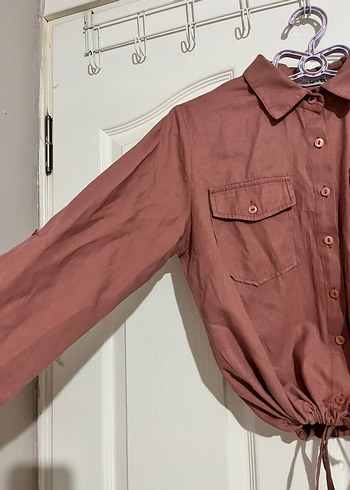 Düğmeli Bej Uzun Kollu Keten Gömlek - Görsel 9