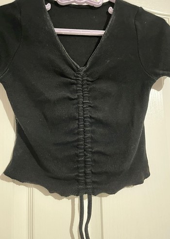 Siyah V Yaka büzgülü Crop Top - Görsel 4