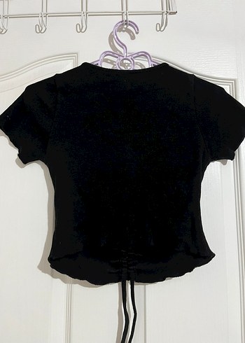 Siyah V Yaka büzgülü Crop Top - Görsel 6