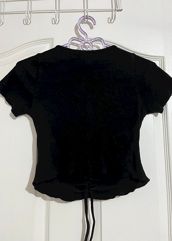 Siyah V Yaka büzgülü Crop Top - Görsel 7