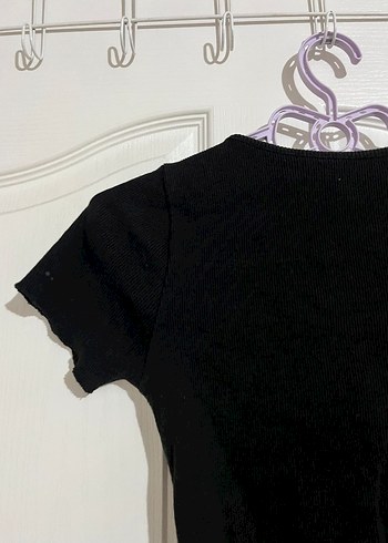 Siyah V Yaka büzgülü Crop Top - Görsel 5