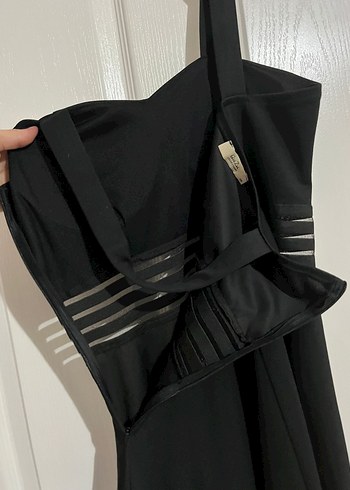 Siyah V Yakalı Midi Strappy Gece Elbisesi - Görsel 14