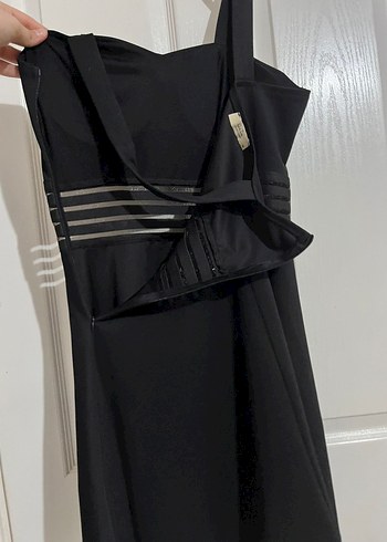 Siyah V Yakalı Midi Strappy Gece Elbisesi - Görsel 13