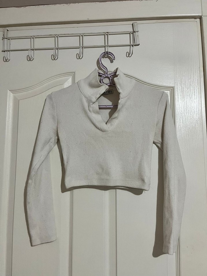 V yaka uzun kollu kadın crop top - Görsel 2