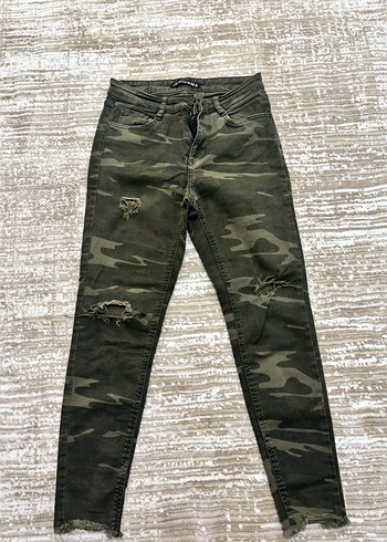Kadın Haki Kamuflaj Desenli Skinny Jean