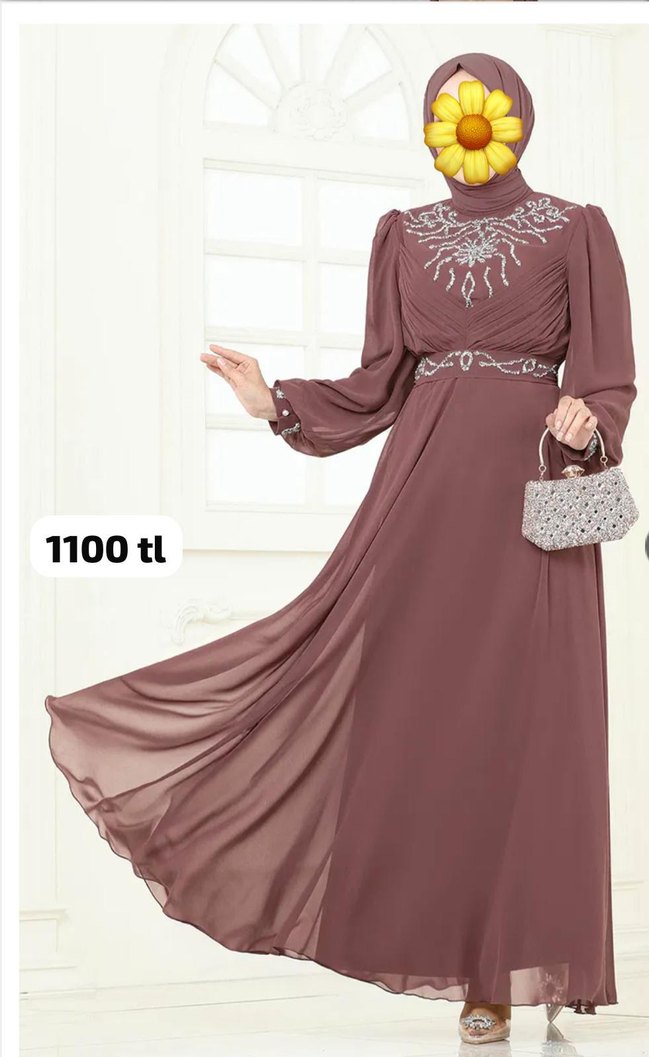Boncuk İşlemeli Uzun Kahverengi Tesettür Elbise - Görsel 5