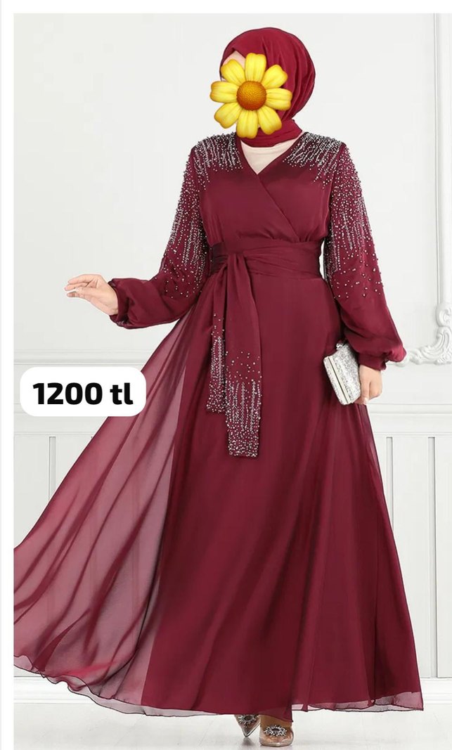 Boncuk İşlemeli Uzun Kahverengi Tesettür Elbise - Görsel 3