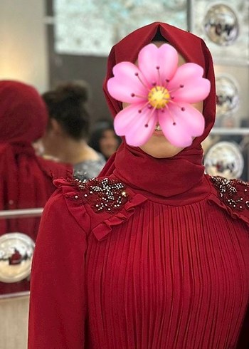 Kırmızı Uzun Kollu Yüksek Yakalı Tesettür Abiye Elbise - Görsel 2