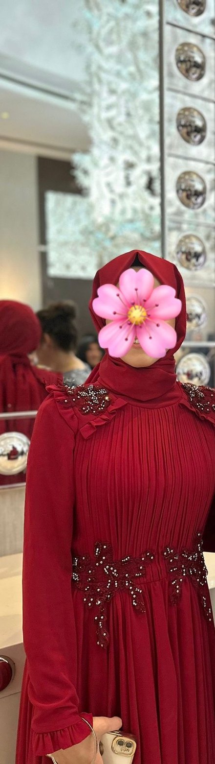 Kırmızı Uzun Kollu Yüksek Yakalı Tesettür Abiye Elbise - Görsel 2