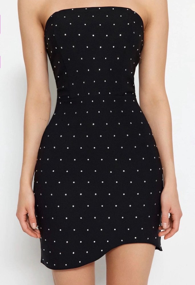 Taşlı Siyah Straplez Midi Kalem Elbise - Görsel 4