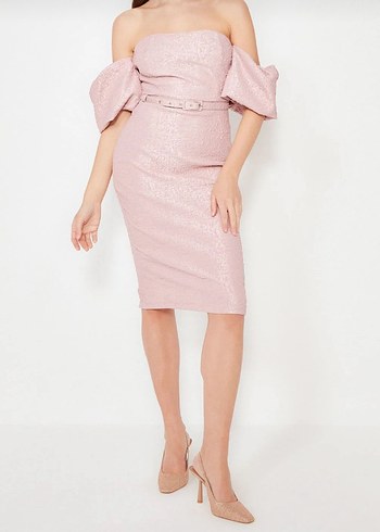 Pembe Kemerli Midi Kalem Elbise
