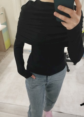 manuka büzgü detaylı bluz siyah - Görsel 2