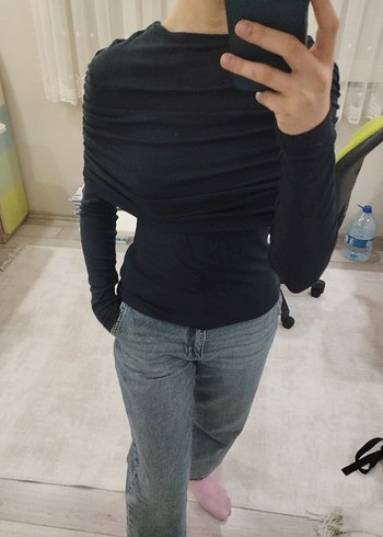 manuka büzgü detaylı bluz lacivert - Görsel 2