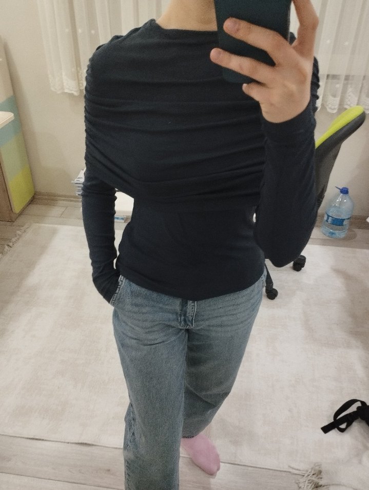 manuka büzgü detaylı bluz lacivert - Görsel 2