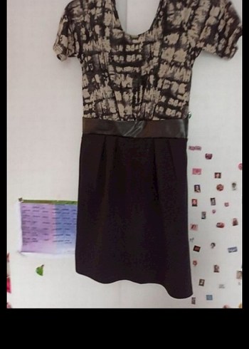 Siyah Desenli 38 beden deri Kemerli koton Elbise - Görsel 3