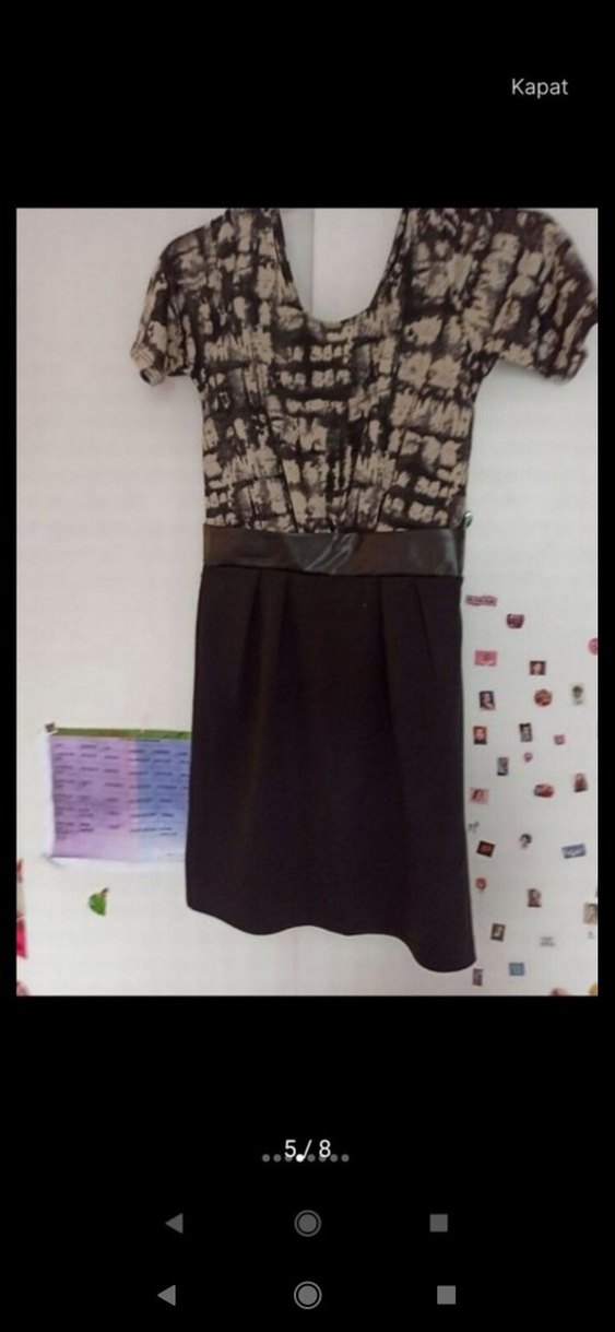 Siyah Desenli 38 beden deri Kemerli koton Elbise - Görsel 3