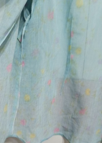 Mavi Çiçek Desenli fakir Kollu Keten Gömlek m beden - Görsel 6
