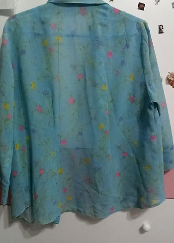 Mavi Çiçek Desenli fakir Kollu Keten Gömlek m beden - Görsel 4