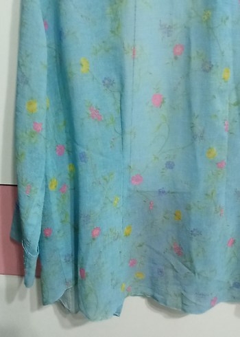 Mavi Çiçek Desenli fakir Kollu Keten Gömlek m beden - Görsel 5