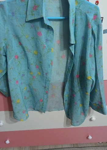 Mavi Çiçek Desenli fakir Kollu Keten Gömlek m beden - Görsel 2