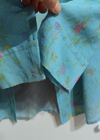 Mavi Çiçek Desenli fakir Kollu Keten Gömlek m beden - Görsel 7