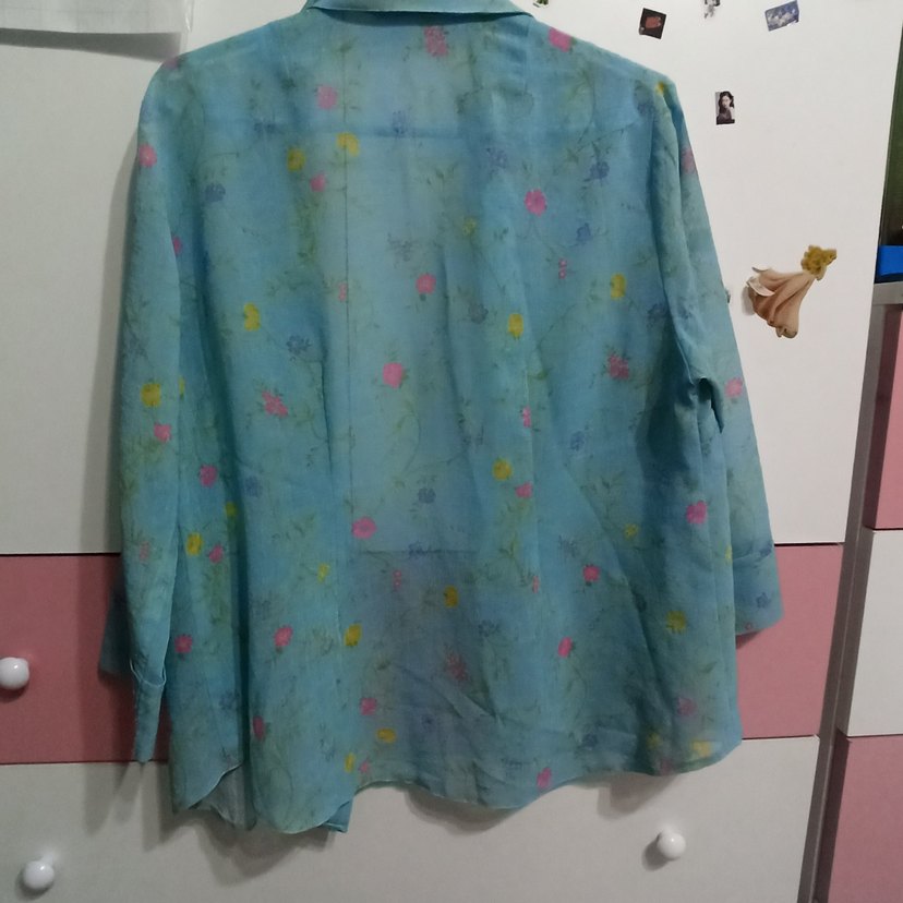 Mavi Çiçek Desenli fakir Kollu Keten Gömlek m beden - Görsel 4