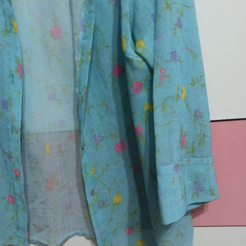 Mavi Çiçek Desenli fakir Kollu Keten Gömlek m beden - Görsel 3