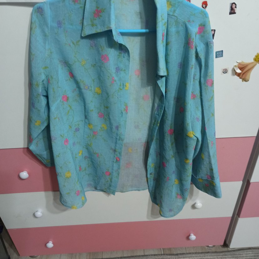 Mavi Çiçek Desenli fakir Kollu Keten Gömlek m beden - Görsel 2