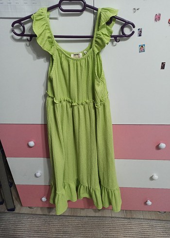 Kız Çocuk Yeşil Keten Kolsuz Elbise koton 9-10 yaş - Görsel 2