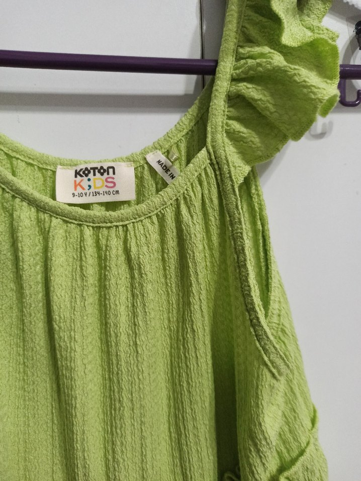 Kız Çocuk Yeşil Keten Kolsuz Elbise koton 9-10 yaş - Görsel 4