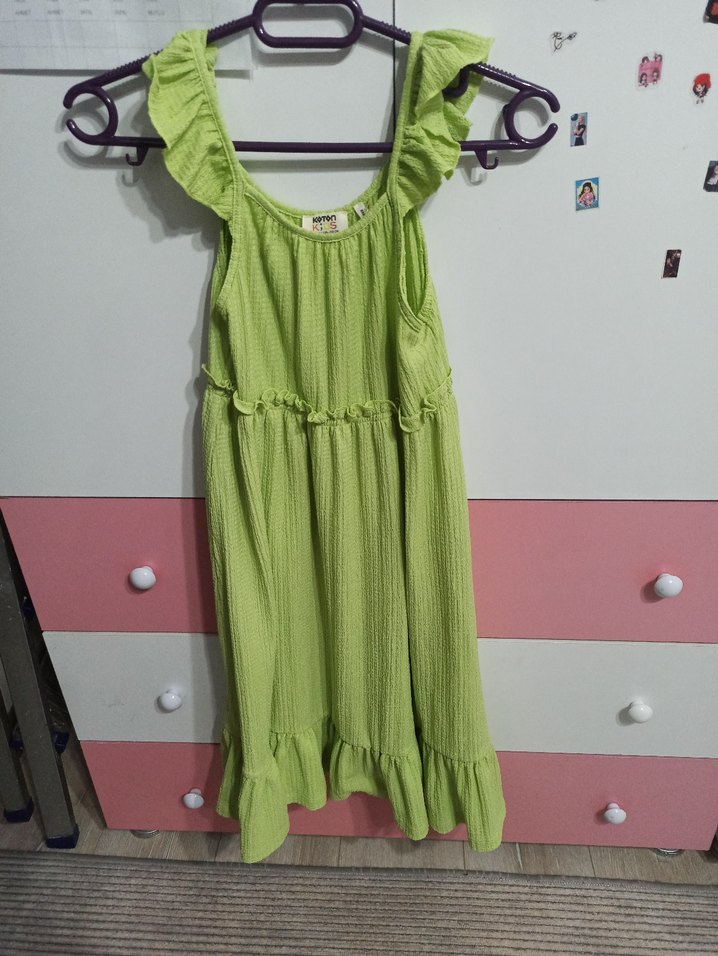 Kız Çocuk Yeşil Keten Kolsuz Elbise koton 9-10 yaş - Görsel 2