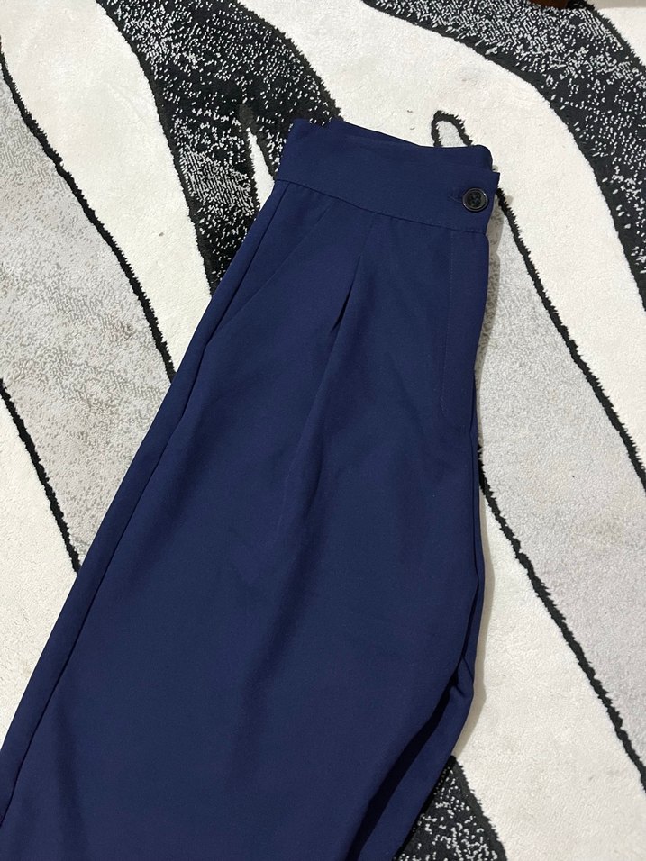 Lacivert Pilili Kadın Kumaş Pantolon - Görsel 3