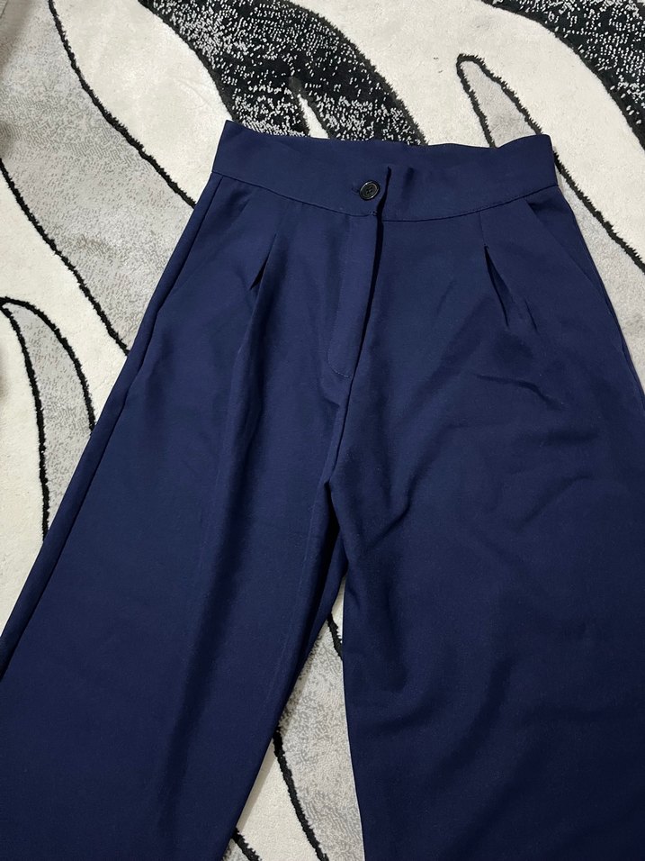 Lacivert Pilili Kadın Kumaş Pantolon - Görsel 4