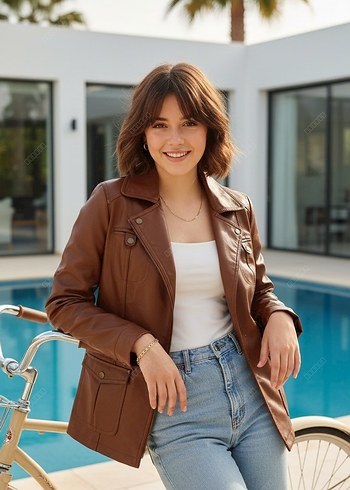 Kadın Kahverengi Deri Ceket - Görsel 15