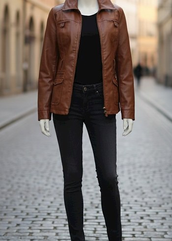 Kadın Kahverengi Deri Ceket - Görsel 16