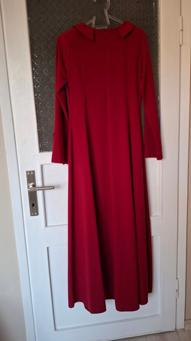 Bordo Drapeli Uzun Kollu Uzun Elbise - Görsel 2