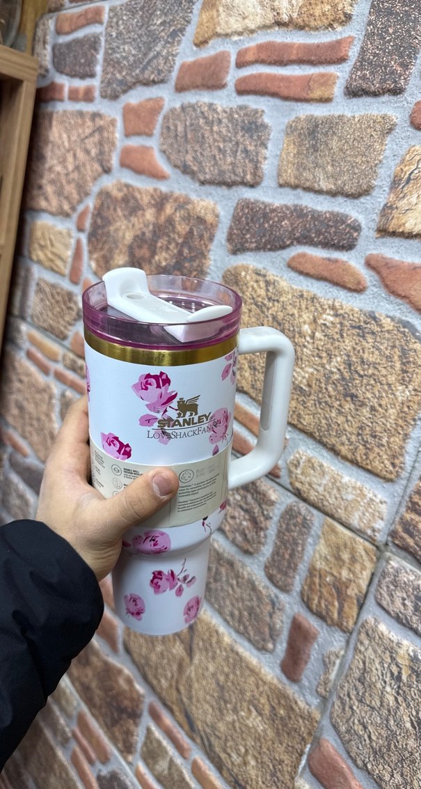 Çiçek Desenli Pembe Stanley Termos Bardak - Görsel 2