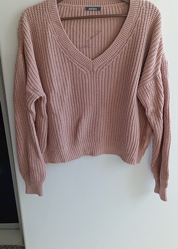 Pembe V Yaka Örgü Kadın Kazak